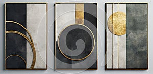 Set of three abstract geometric canvases with golden and dark gray colors photo