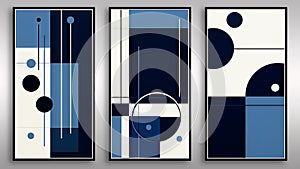 Set of three abstract geometric canvases and sizes in blue and black colors