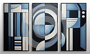 Set of three abstract geometric canvases and sizes in blue and black colors