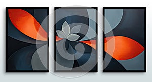 A set of three abstract images in floral style with orange and gray colors