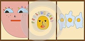 Set of three abstract minimalistic aesthetic backgrounds with funny faces, eggs.