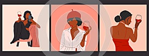 Set of three Abstract portrait of woman with glasses of wine.