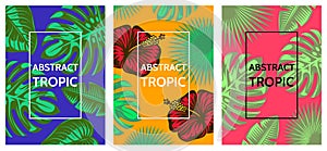 Set of three abstract poster templates with tropical plant leaves. Color vector illustration