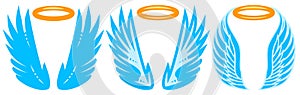 Set of three angel wings with a halo. Color vector illustration