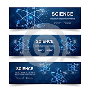 Set of three Atom horizontal banners. Horizontal illustration for homepage design, promo banner. Atomic neutron low poly