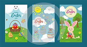 set of three banners for easter day with elements of holiday eggs, basket, happy sun in clouds and rabbit in the meadow