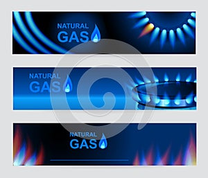 Set of three banners natural gas. Blue gas flame.