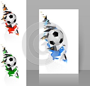 Set of three banners with white and black soccer football with geometric abstract sport design elements.