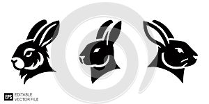 Set of Three Black Rabbit Head Silhouettes - Vector Icons