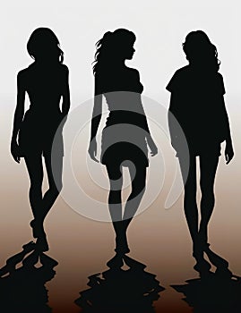 Set of three black silhouettes -gril, woman. The power of women. Generative by Ai