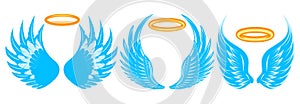 Set of three blue angel wings with halo. Color vector illustration