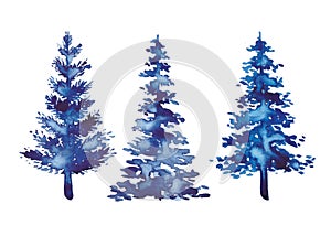 Set of three blue watercolor Christmas pine tree element on white background. Xmas holiday decorative winter spruce