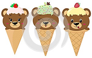 A set of three brown bears in the image of an ice cream.