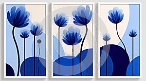 A set of three canvases with abstract blue flowers . Simple elegant design