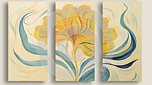 A set of three canvases with yellow flower, abstract watercolor painting