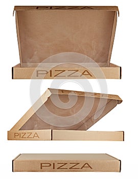 Set of three cardboard pizza boxes from different angles with the inscription PIZZA, isolated on a white background. One