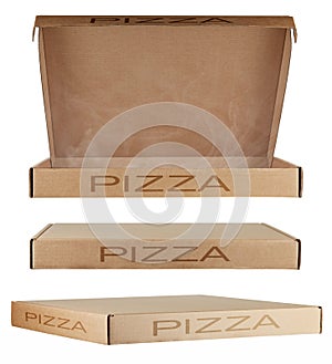 Set of three cardboard pizza boxes from different angles with the inscription PIZZA, isolated on a white background. One