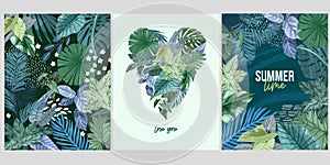 Set of three cards with green tropical leaves,