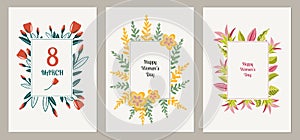 Set of three cards for international Women`s Day 8 march with frame made of tulip, lilyes flower, wildflowers and leaves