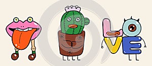 A set of three cartoon stickers with monsters.