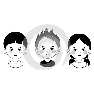 set of three children\'s portraits of two girls and a boy in black and white