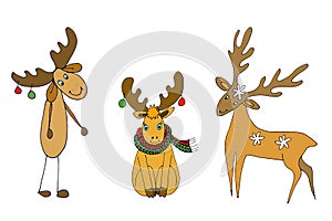 Set of three Christmas deer and elk, graphic color sketch isolated on white background