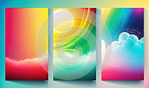 a set of three colorful banners with clouds and a sun