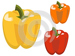 Set of three colorful bell peppers, red, yellow and orange isolated on white background