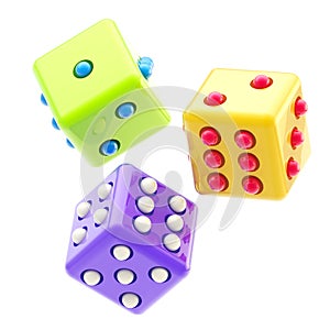 Set of three colorful glossy dices isolated