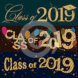 A set of three colorful vector typography banner designs on Class of 2019