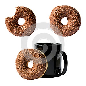 Set of three compositions of chocolate donut and coffee mug isolated on white background