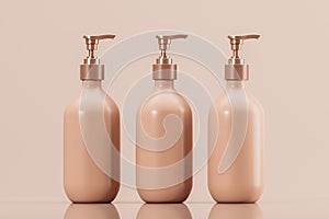 Set of three cosmetic bottles. Pump and floating bottle, liquid soap, shampoo dispenser. Blank Label. Cream or lotion on pink