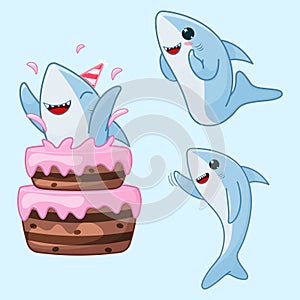 Set of three cute blue cartoon sharks. Character with birthday cake, happy and waving character . Vector illustration isolated on