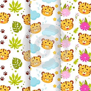 Set of three cute cartoon baby tiger pups seamless patterns.