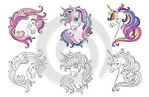 Set of three cute cartoon unicorns heads vector illustration