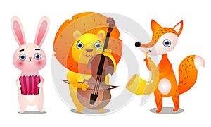 Set of three cute colorful musician animals with different instruments. Vector illustration in flat cartoon style.