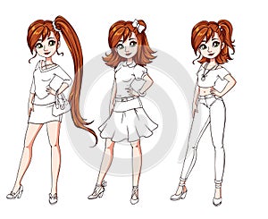 Set of three cute girls with different haircuts and clothes. Colored body with white costume. Hand drawn cartoon illustration. Can