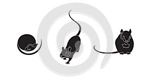 Set of three cute mice. Mouse animal silhouette isolated on white background. Stylized little rodent pet vector illustration