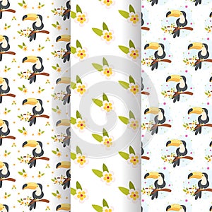 Set of three cute seamless tropical patterns with toucan and flowers. vector