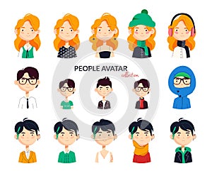 A set of three cute stylized characters in different clothes. Avtar, faces in flat style. Vector illustration isolated