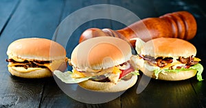 Set of three delicious burgers. The concept of fast food, delicious but unwholesome food