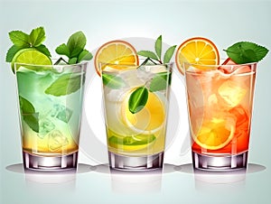 Set of three different cocktails. Illustration of classical drinks in transparent glasses. A row of summer cocktails on a light