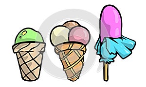 Set of three different colorful ice cream, sweet cold food.Vector illustration in flat cartoon style.