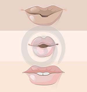 Set of three different lips. Variations of shapes and colours