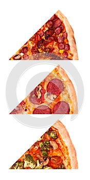 Set of three different slices of tasty italian pizza: spicy Mexico, Salami and pizza with vegetables, isolated on white