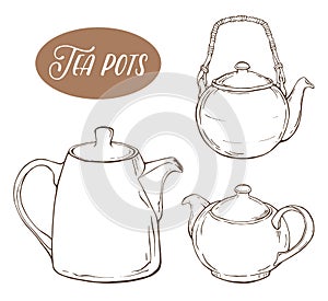 Set with three different teapots, isolated elements on white background