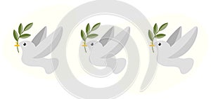 Set of three doves of peace with green branches. A white flying dove, a proud bird with an olive branch. Cute flat world