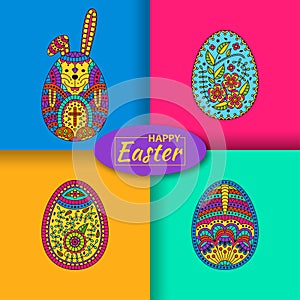 Set of three Easter eggs and white easter rabbit. Modern material background at the back