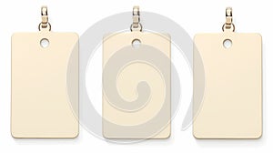 Set of three elegant blank hangtags in beige tones isolated on a white background with copyspace