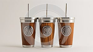 Three stylish travel tumblers with metallic straws on a clean background. Ideal for modern eco-friendly drinkware photo